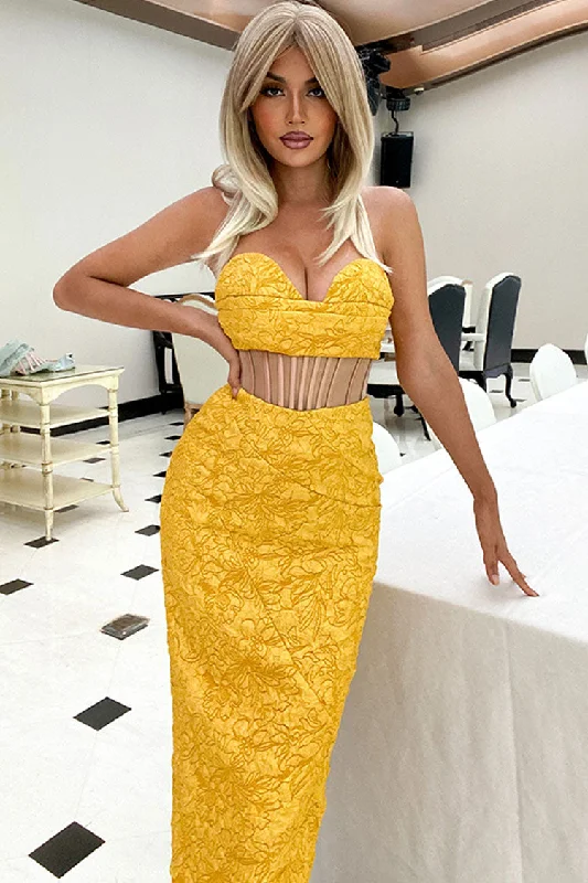 Glamorous Floral Jacquard Strapless Corset Cocktail Midi Dress - Yellow Comfortable Draped Midi Dress