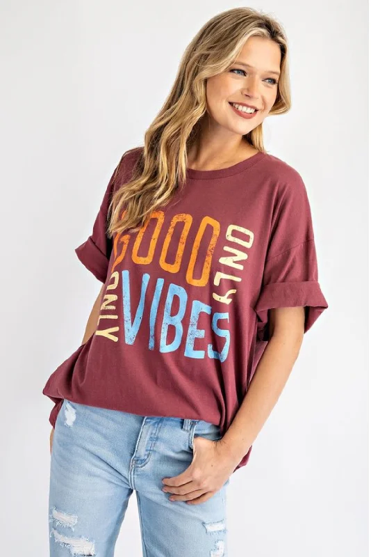 Good Vibes Only Graphic Tee V-Neck T-Shirt Long Sleeve Cotton