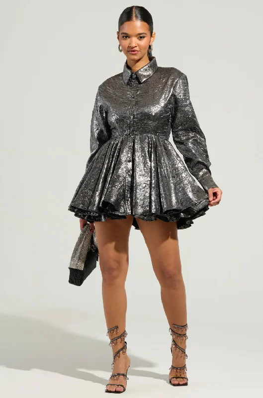 THE IT GIRL SILVER METALLIC MINI DRESS Elegant Mini Dress with Ruffles