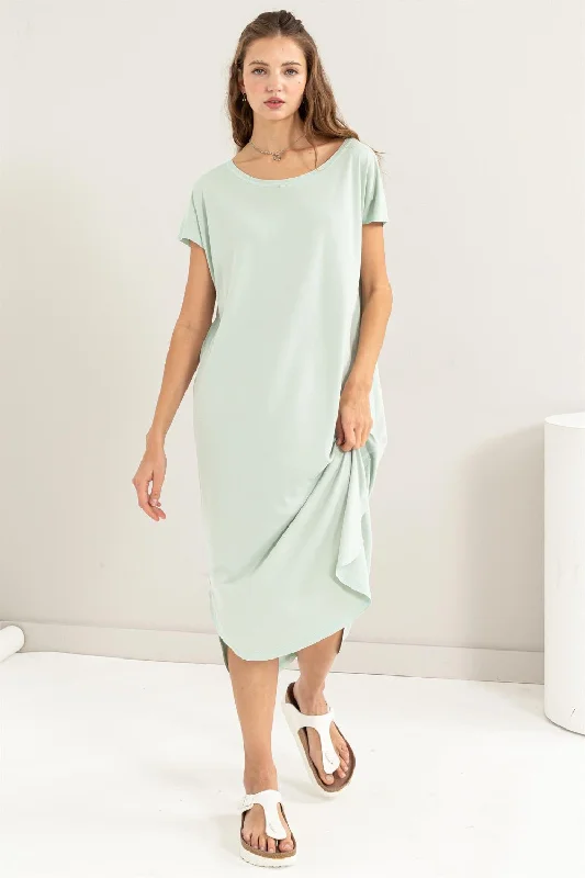 Blue Zone Planet |  HYFVE Short Sleeve High-Low Slit Midi Dress Elegant Pleated Sleeve Midi Dress