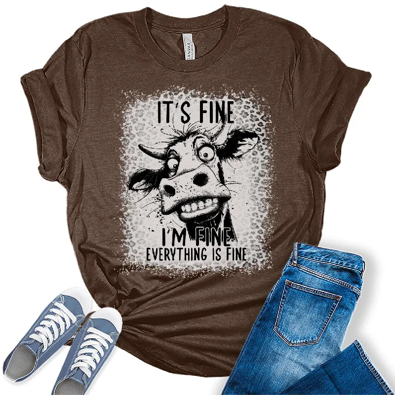 It's Fine Funny Cow Graphic Tees For Women Print Jacquard Patchwork