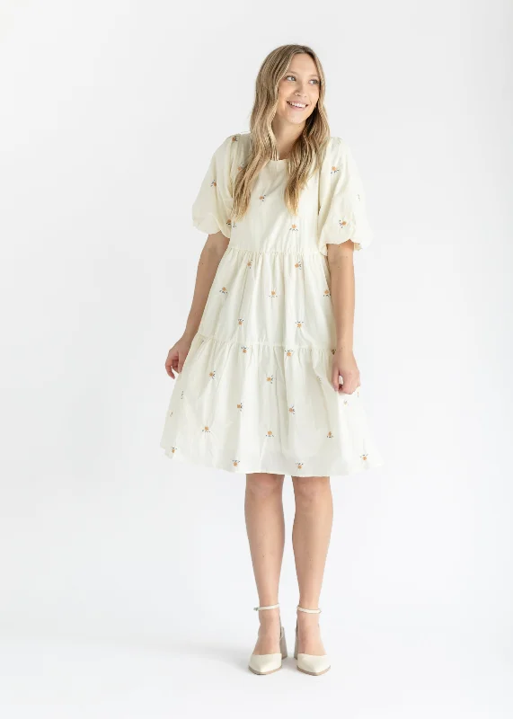 Ivory Puff Sleeve Embroidered Midi Dress - FINAL SALE Comfortable Button Front Midi Dress