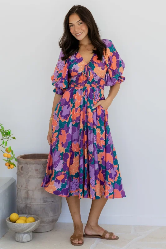 Jade Midi Dress Milan Floral Print Trendy Off-Shoulder Button Midi Dress