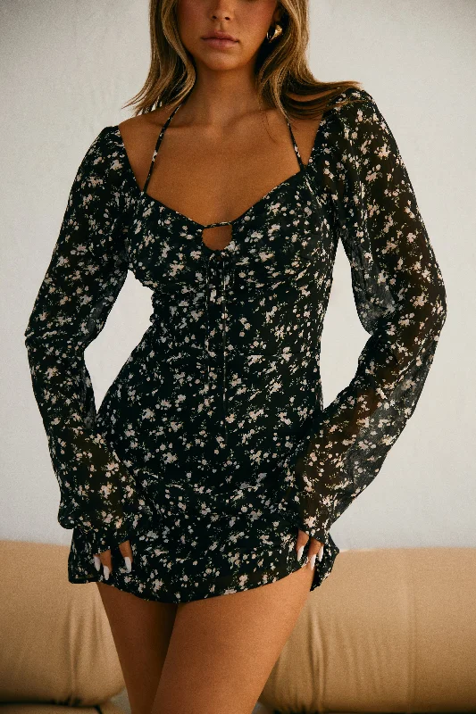 Kayla Long Sleeve Mini Dress - Black Floral Casual V-Neck Mini Dress