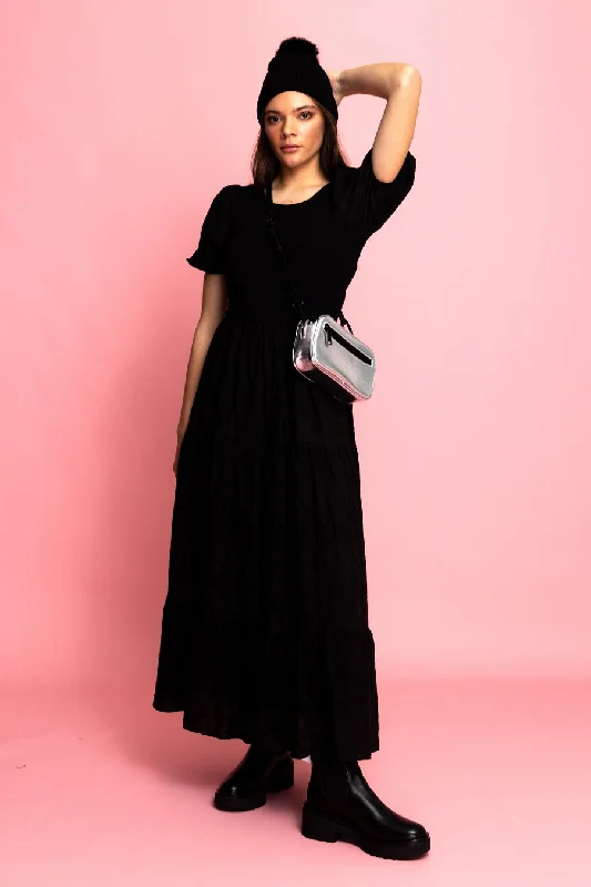 Lalei Embroidered Modal Midi Dress Black Comfortable Button Front Midi Dress