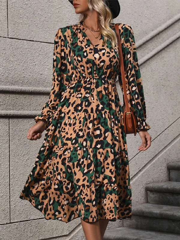 Leopard Notched Flounce Sleeve Midi Dress Elegant V-Neck Midi Dress