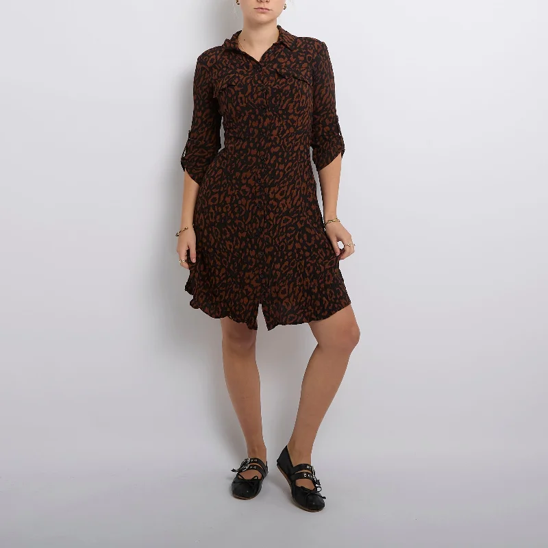 Leopard Print Shirt Midi Dress- UK 8 Cozy Midi Dress with Pockets