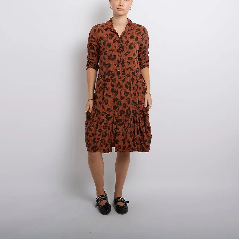 Leopard Print Tiered Shirt Midi Dress-UK 10 Fashionable High-Neck Midi Dress