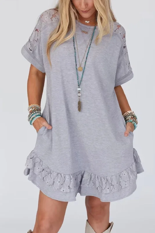 Blue Zone Planet |  Light Grey Lace Floral Patchwork Ruffled T-shirt Dress Faux Fur Fabric Real Fur Fabric Shearling Fabric