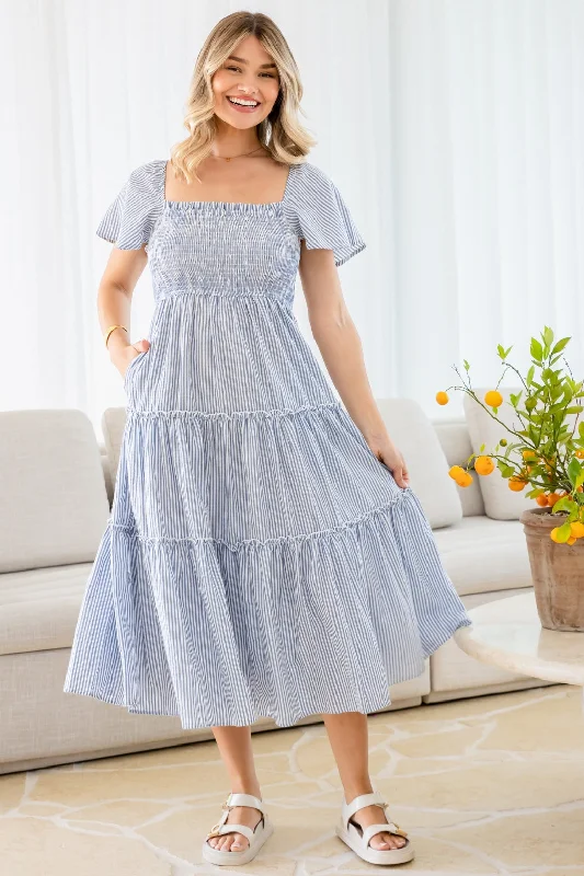 Lottie Midi Dress Blue White Stripe Trendy Ruffle Hem Midi Dress