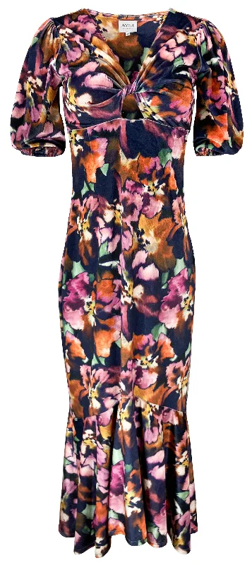 MISA Wallis Velvet Floral Midi Dress in Navy Multi Elegant Floral Midi Dress