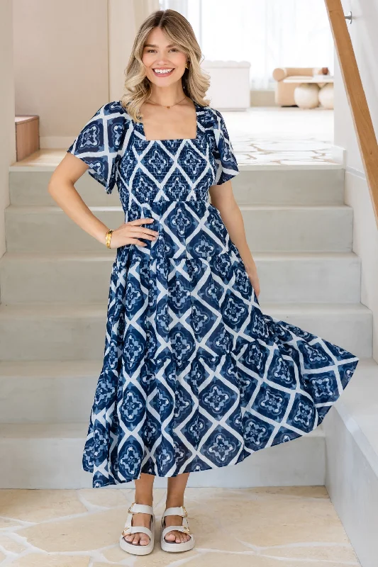 Monique Shirred Midi Dress Alara Print Navy Comfortable Empire Waist Midi Dress