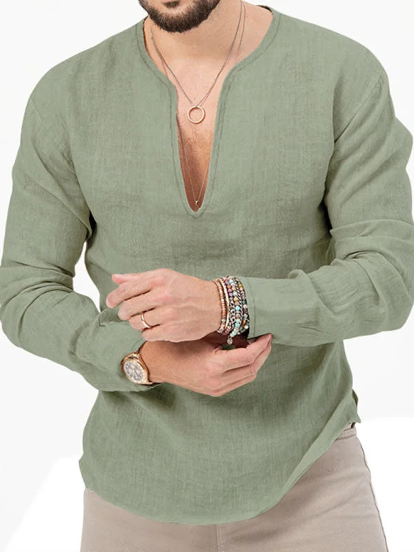 Men's Henry Long Sleeve T-Shirt Slim Fit Solid Color Large Size Deep V Neck Shirt Solid Print Embellished