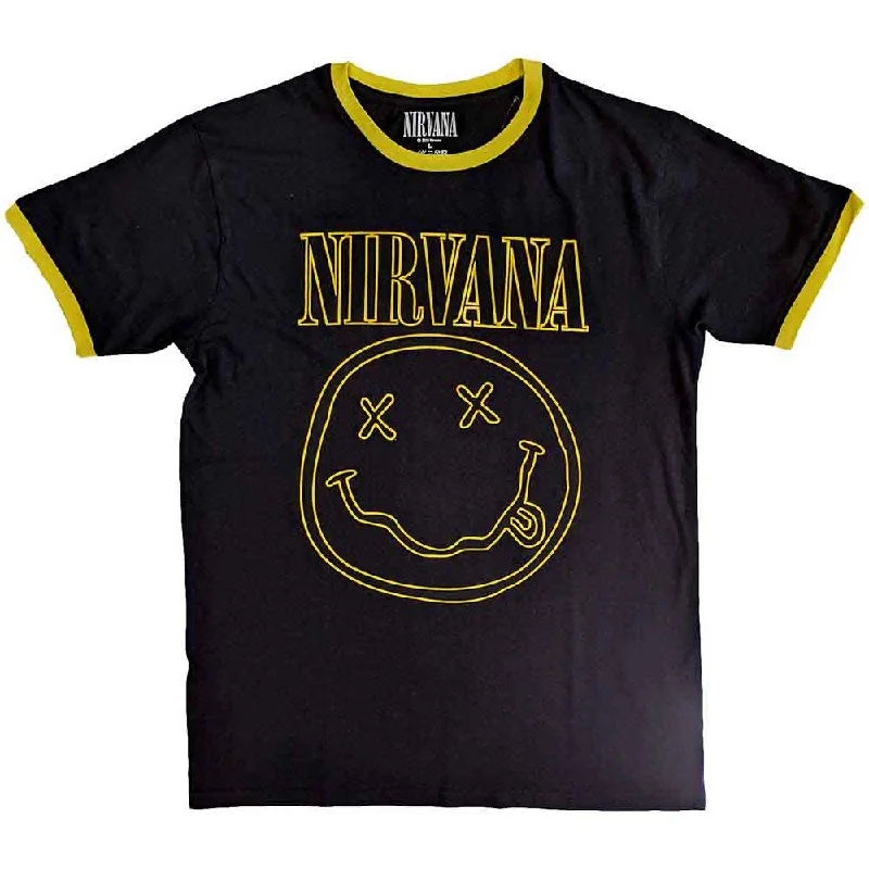 Nirvana | Official Band Ringer T-Shirt | Outline Happy Face Striped Floral Plaid