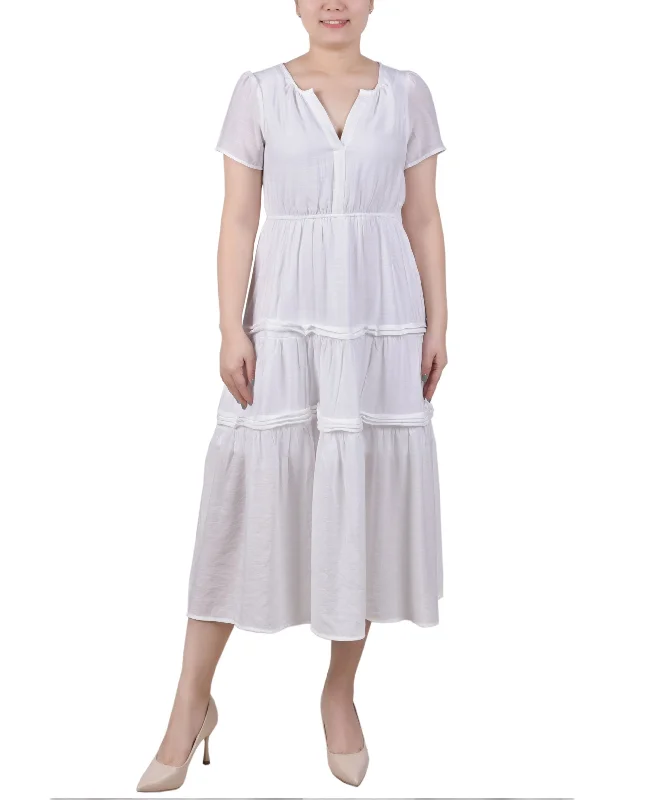 Petite Short Sleeve Tiered Midi Dress Stylish Button-Down Midi Dress