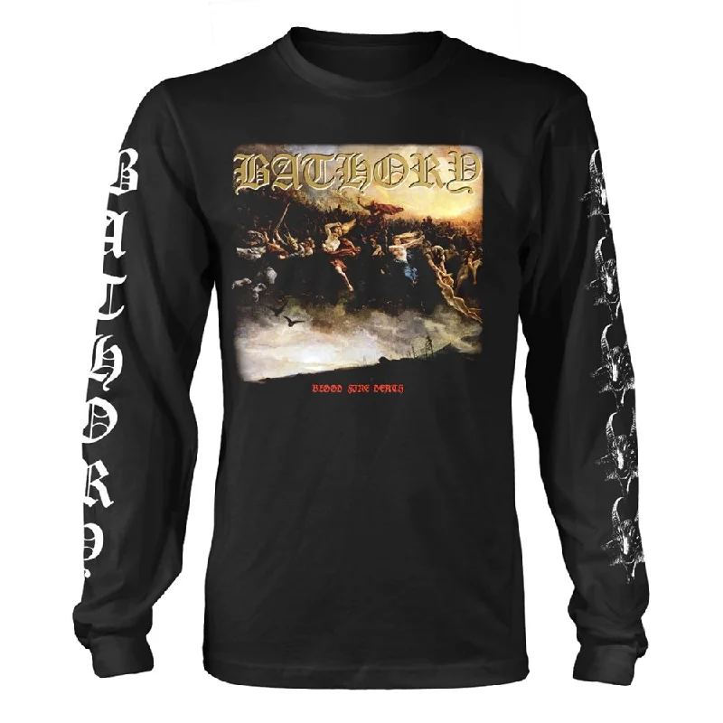 Bathory Unisex Long Sleeved T-shirt: Blood Fire Death 2 (back print) Striped Floral Plaid