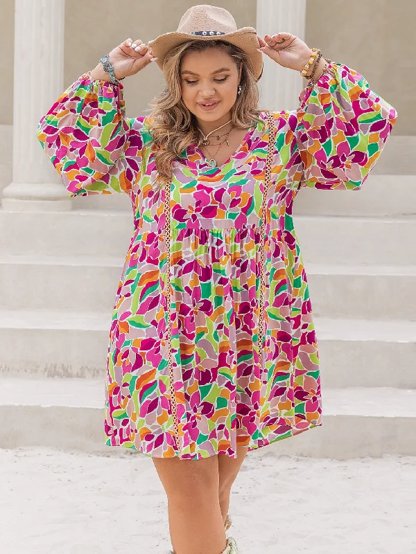 Plus Size Printed V-Neck Balloon Sleeve Mini Dress Trendy Off-Shoulder Dress Mini