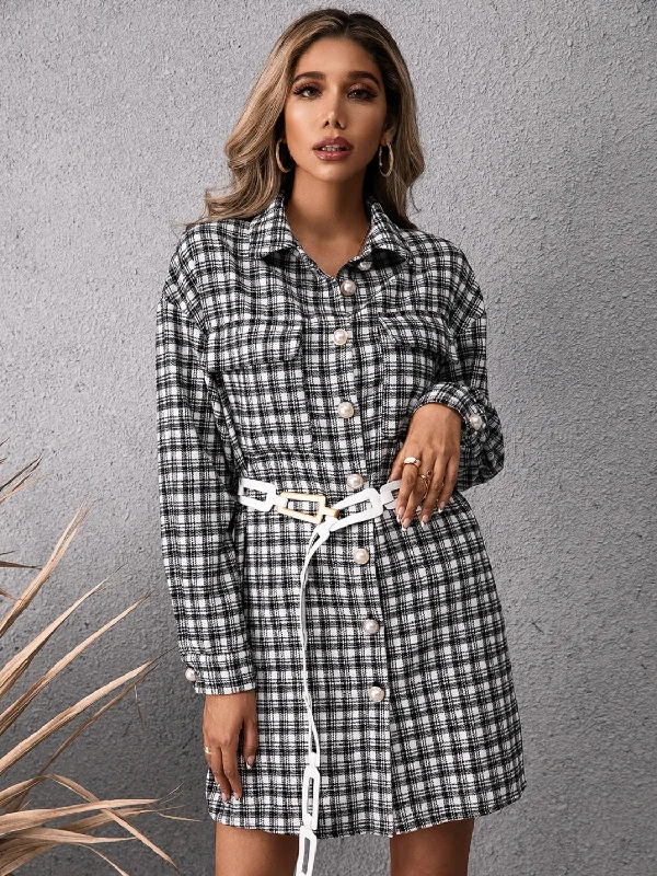 Pocketed Plaid Long Sleeve Mini Dress Elegant Off-Shoulder Dress Mini