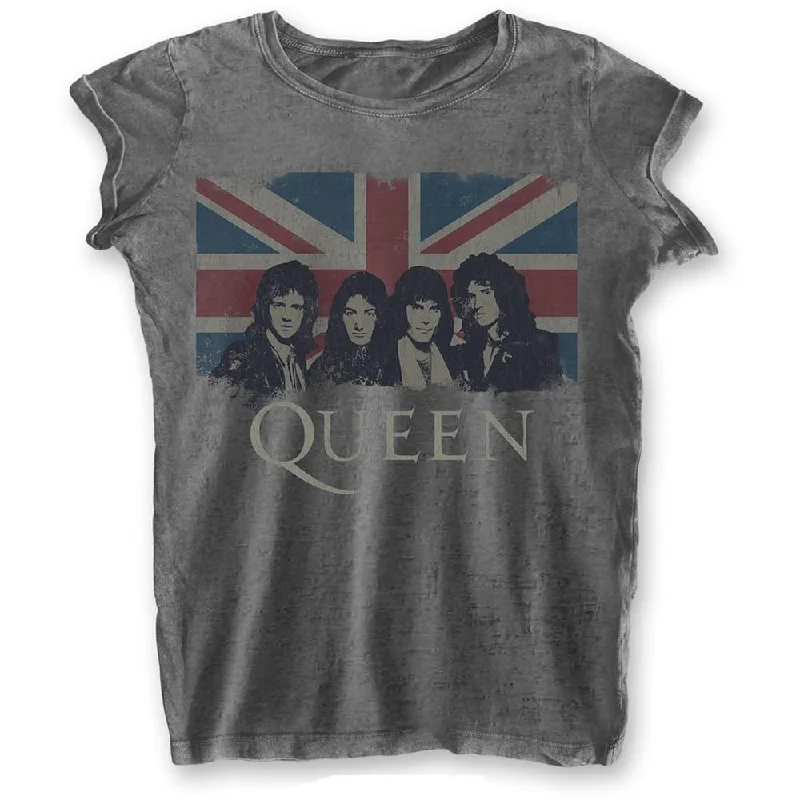 Queen Ladies T-Shirt: Vintage Union Jack (Burn Out) Mesh Blend Leather Blend Suede Blend