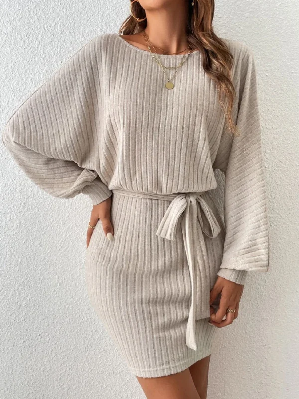 Round Neck Tie Waist Long Sleeve Mini Dress Comfortable Boho Mini Dress