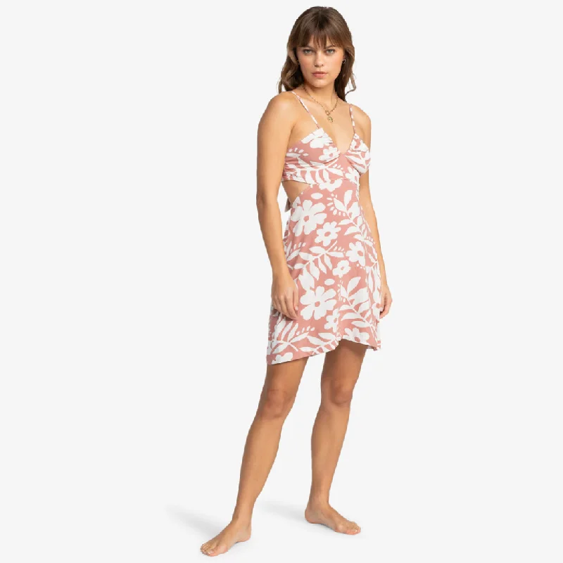 Roxy Riviera Nights Tie Back Mini Dress - Ash Rose Botanical Stencil Cozy Ruched Mini Dress