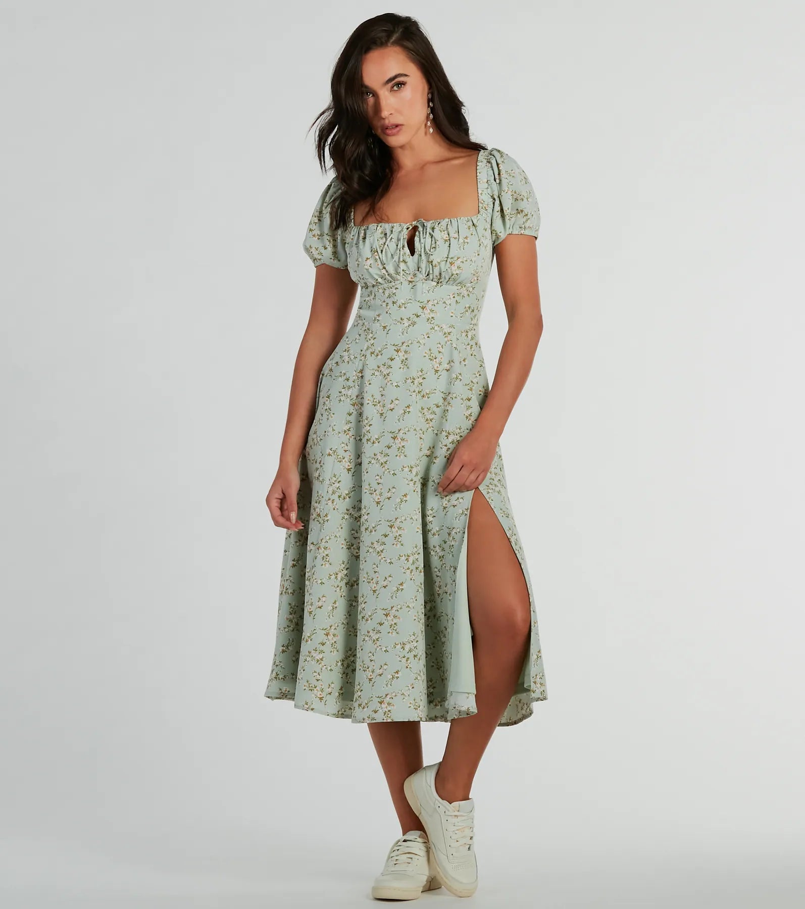 RSVP To Cute Ditsy Wildflower Tie A-Line Midi Dress Chic Off-Shoulder Midi Dress