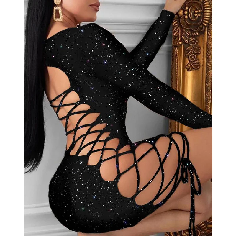 Sexy Bling Bodycon Mini Dress Long Sleeve Glitter Bandage Hollow out Trendy Button-Detail Mini Dress