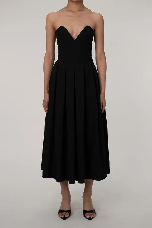 Sexy V Neck Strapless Fit & Flare Pleated Corset Cocktail Party Midi Dress - Black Chic Bohemian Midi Dress