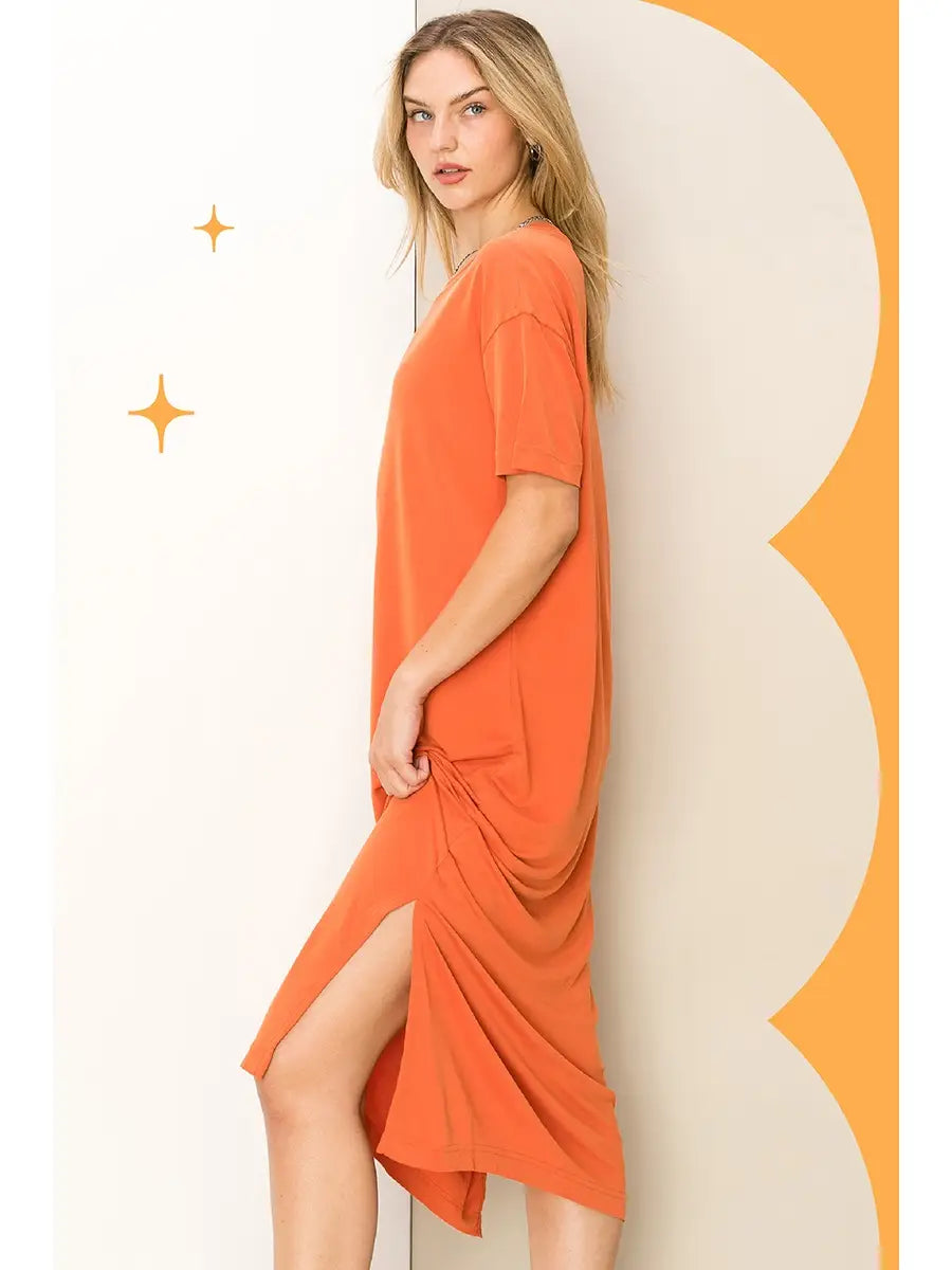 Side Slit Midi Dress in Burnt Ochre Elegant Faux Wrap Midi Dress