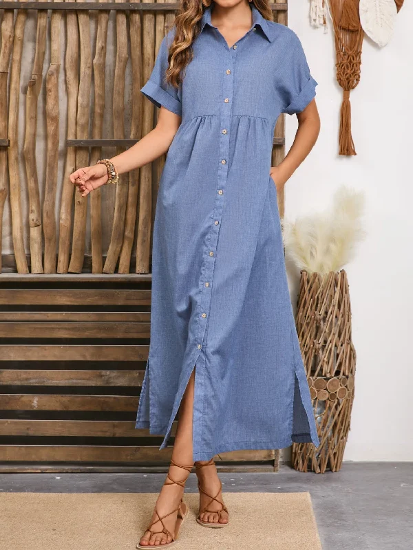 Blue Zone Planet |  Slit Collared Neck Short Sleeve Midi Dress Elegant Floral Appliqué Midi Dress