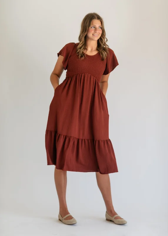 Smocked V-neck Flutter Sleeve Midi Dress - FINAL SALE Comfortable Adjustable Strap Midi Dress