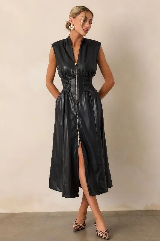 Solaris Dream Black Faux Leather Sleeveless Midi Dress Trendy Mock Neck Midi Dress