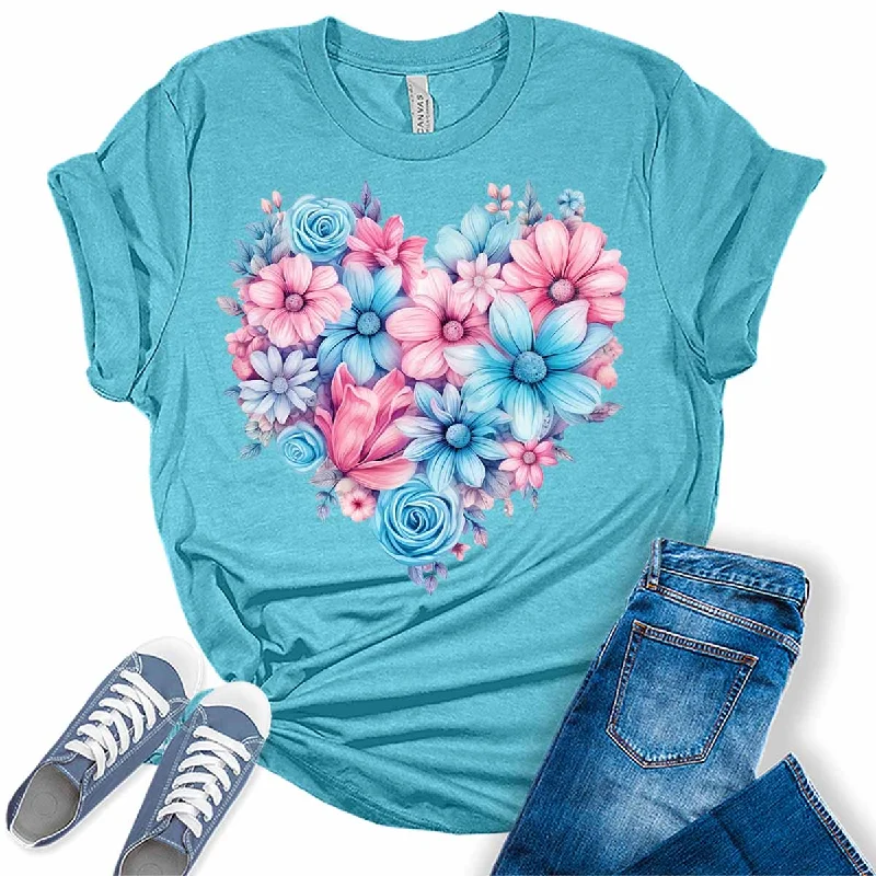 Spring Floral Blue and Pink Summer Flowers Womens Graphic Tees Lace Blend Ribbed Blend Corduroy Blend