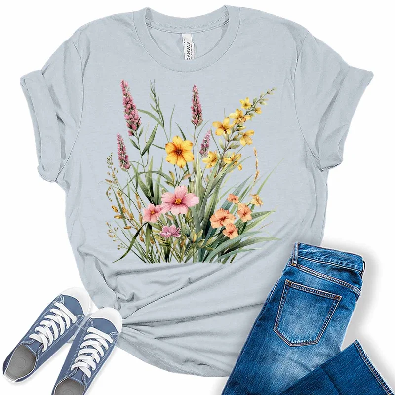 Spring Floral Collage Womens Graphic Tees Spandex Blend Rayon Blend Denim Blend