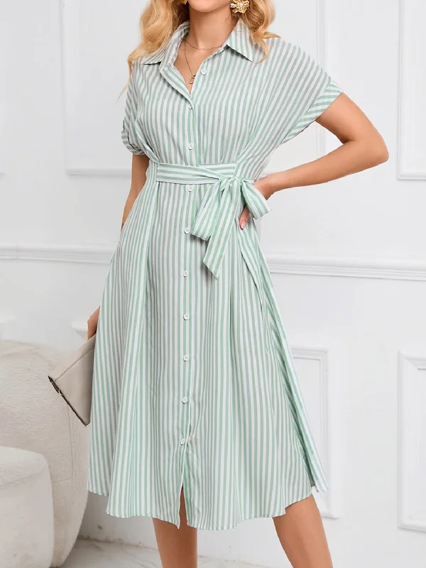 Striped Short Sleeve Tie Waist Midi Dress Comfortable Adjustable Strap Midi Dress