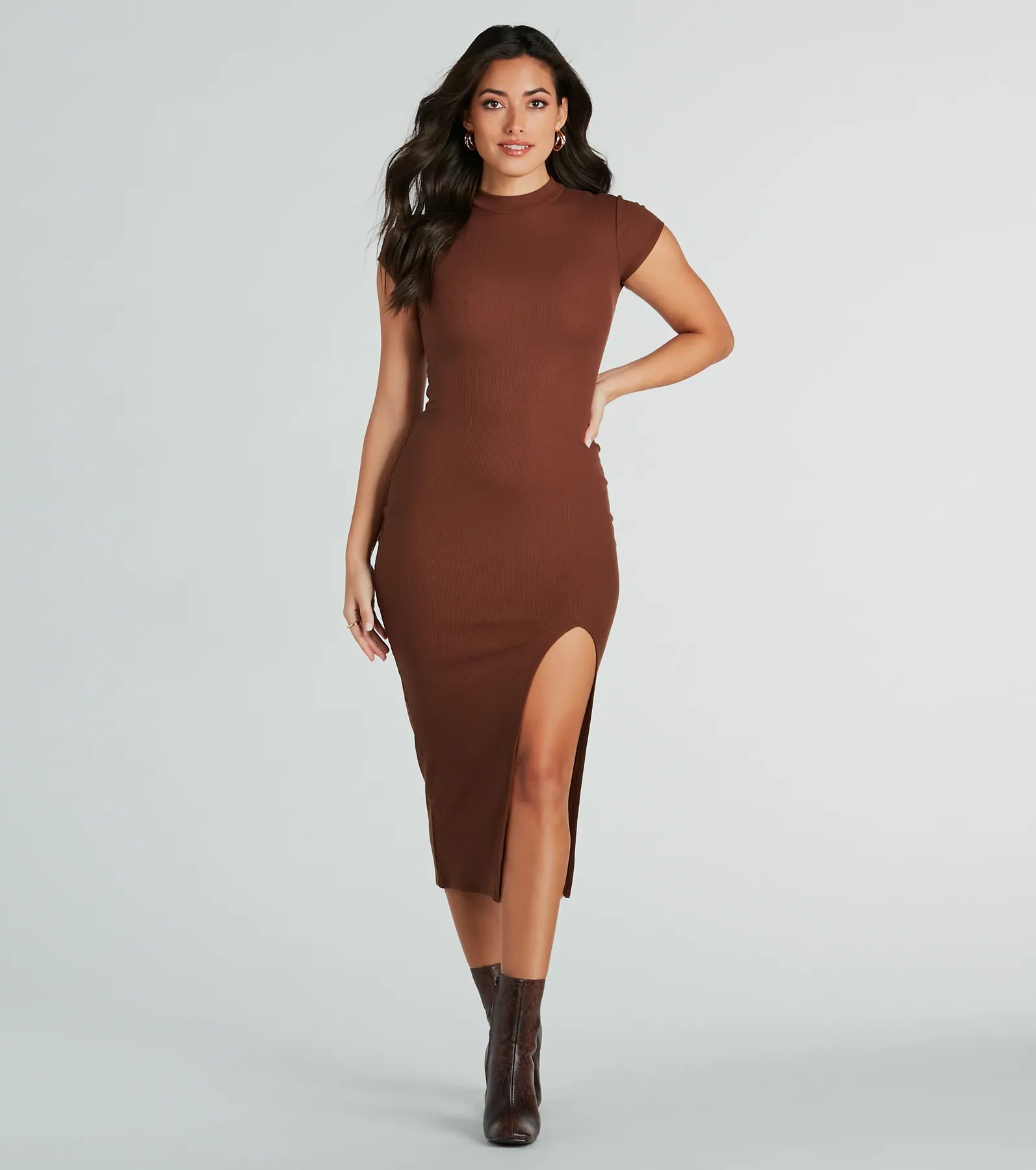 Sweet Demeanor Mock Neck Ribbed Knit Midi Dress Stylish High-Waisted Midi Dress