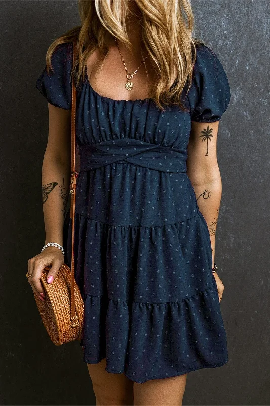 Swiss Dot Short Sleeve Mini Dress Fashionable Denim Mini Dress