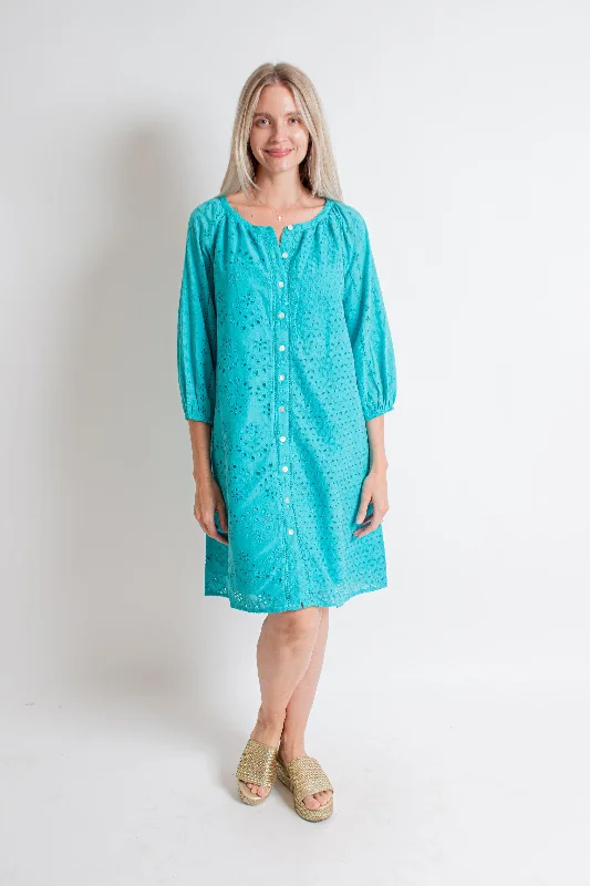 Turquoise Eyelet Midi Dress Elegant Maxi-Midi Hybrid Dress