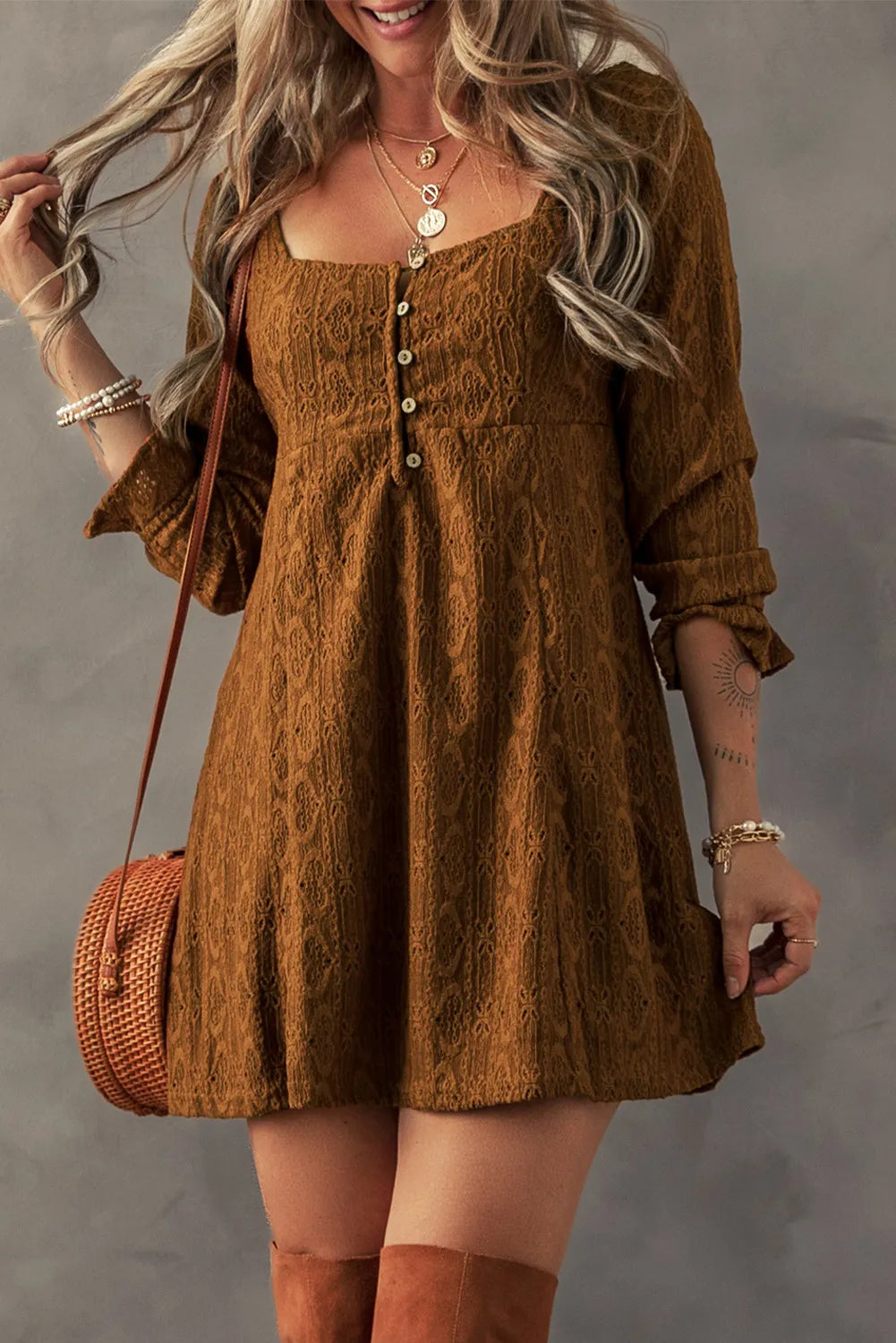 Textured Square Neck Mini Dress Casual High-Waist Mini Dress