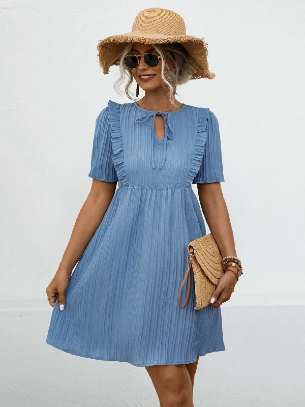 Tie Neck Short Sleeve Mini Dress Fashionable Mini Dress with Frills