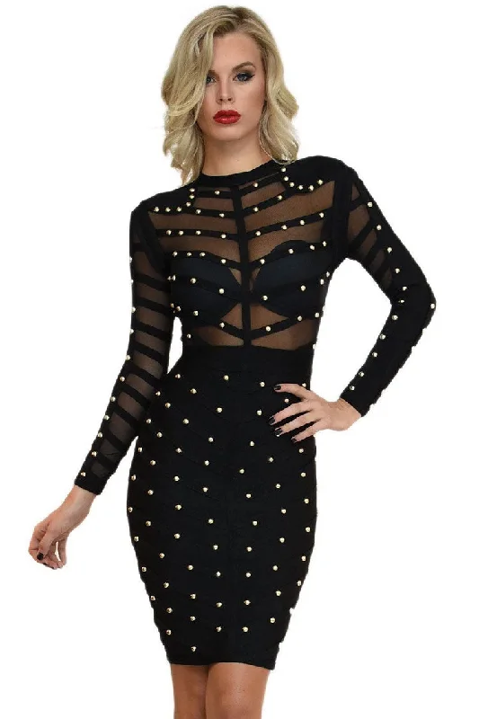 Trendy Studded Long Sleeve Mesh Bandage Cocktail Party Midi Dress - Black Comfortable Draped Midi Dress