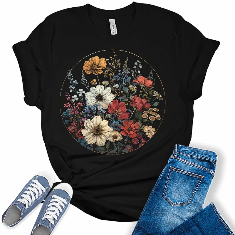 Trendy Wildflowers Moon Graphic Tees for Women Seamless Knitted Crochet