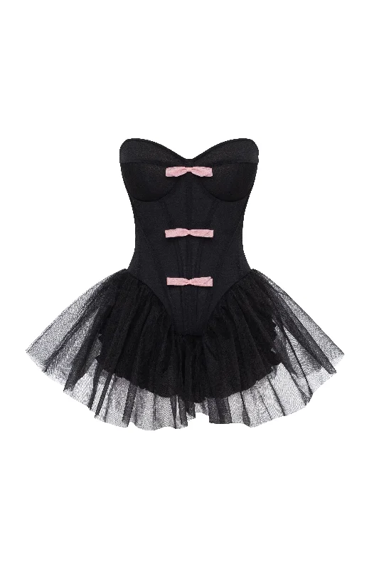 Tutu black mini dress with cute pink bows Fashionable Denim Mini Dress