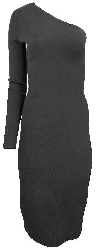 VB Body by Victoria Beckham One Sleeve Fitted Midi Dress in Black Elegant Satin Button Midi Dress