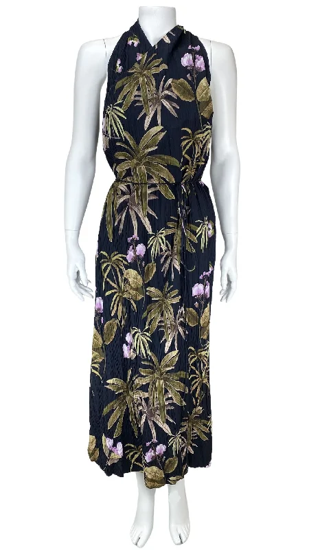 Vince, Women's Crinkle Floral Midi Dress, Black/Multi, Size L Trendy Ruched Side Midi Dress