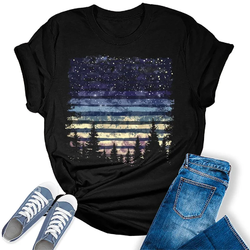 Wild Forest Night Stars Graphic Tees For Women Houndstooth Herringbone Solid