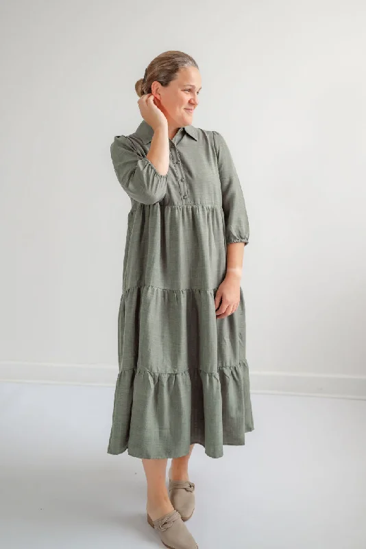 Windsor Button Midi Dress in Basil Trendy Long Sleeve Midi Dress