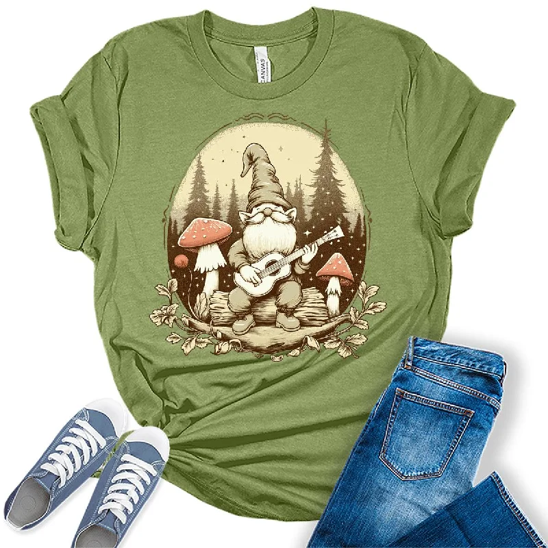 Women's Cottagecore Gnome Mushroom Fall Graphic Tees Embroidered Appliqued Beaded