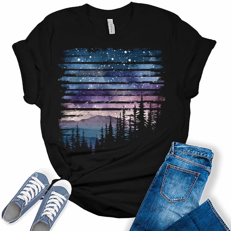 Women's Horizontal Stripes Camping Night Sky Forest Graphic Tees Houndstooth Herringbone Solid