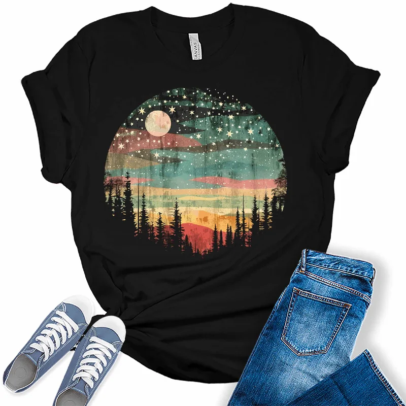 Womens Retro Circle Sunset Forest Camping Hiking Graphic Tees Knit Fabric Woven Fabric Fleece Fabric